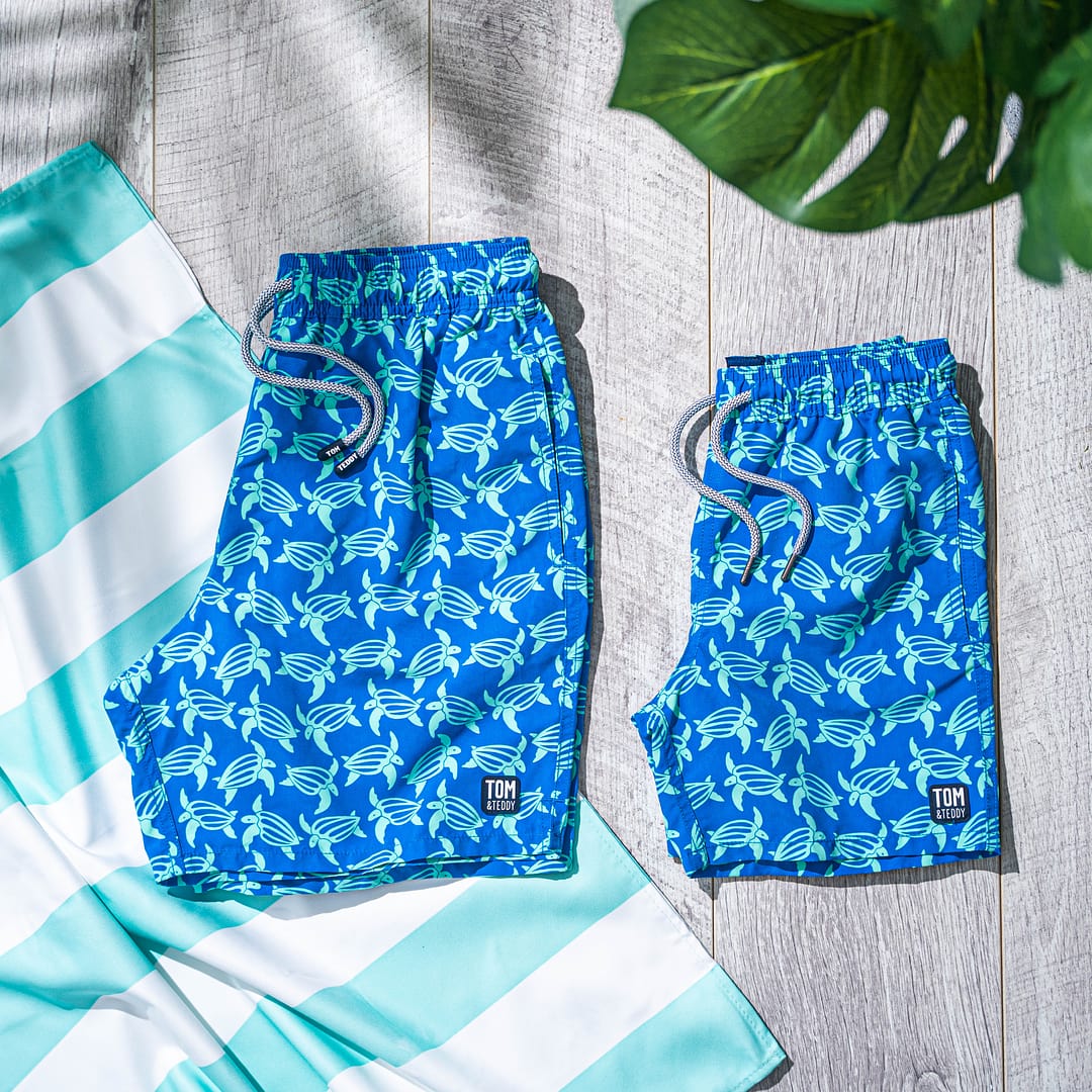 Boys' Swim Trunks | Blue & Ice Green Turtles | Tom & Teddy
