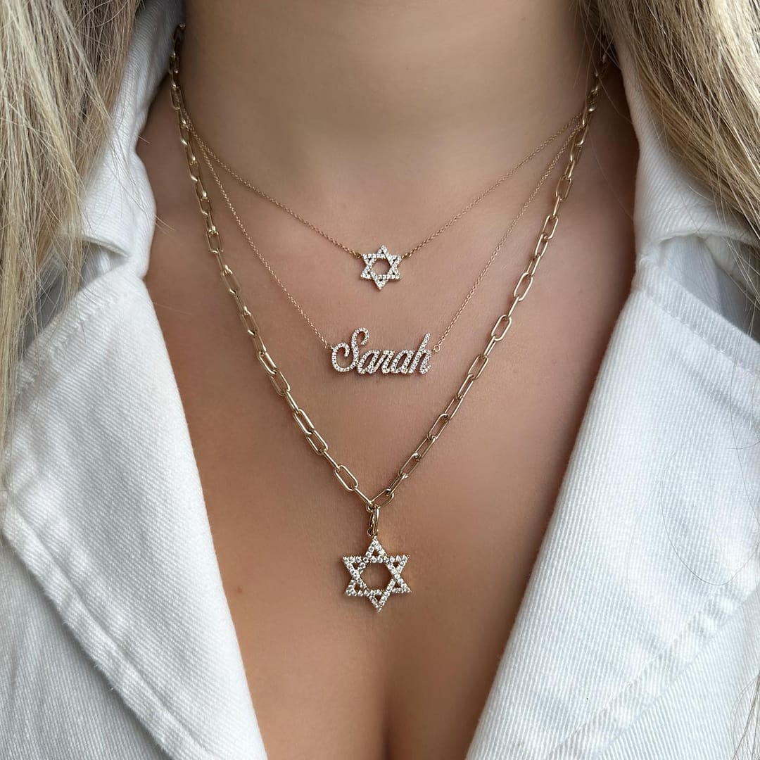 14K Gold Star Of David Diamond Necklace IZAKOV