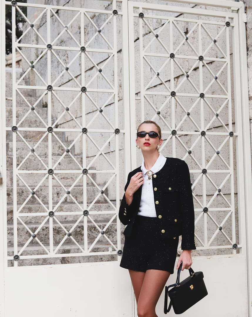 シェリエGlitter tweed jacket Black美品 BOSS - Collarless jacket in sparkle-effect tweed - Black