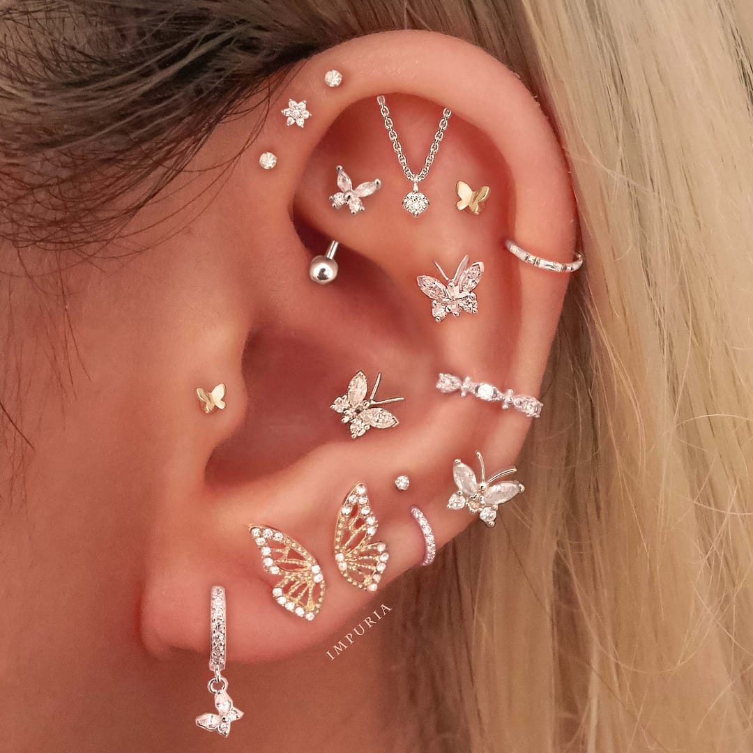 ピアス wing bling 14k post pavel butterfly one touch ring earrings 16G Spiral Butterfly Gold Sliver Helix Earring/cartilage