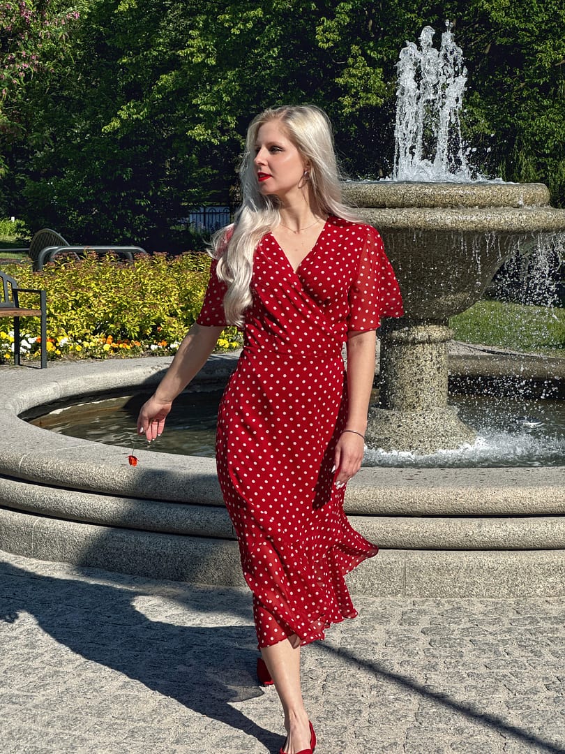 polka dot silk wrap dress product info and reviews The Polka Dot Ruffle Wrap Dress - Red Women's Casual Wrap Dress, Stylish- Red - Dresses