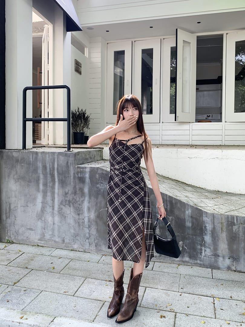 MO&Co. Women's Plaid Pattern Cami Dress Slit Detailed