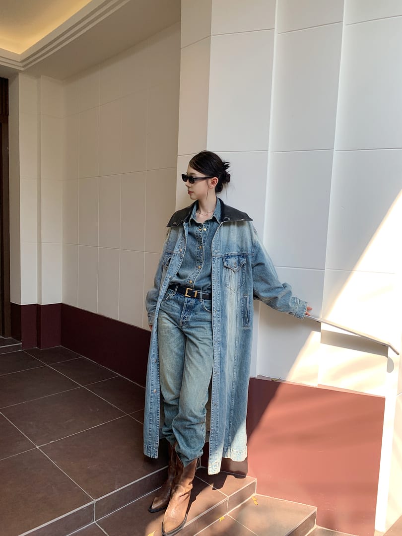 MO&Co. Noir Women's Oversized Longline Vintage Blue Denim Coat