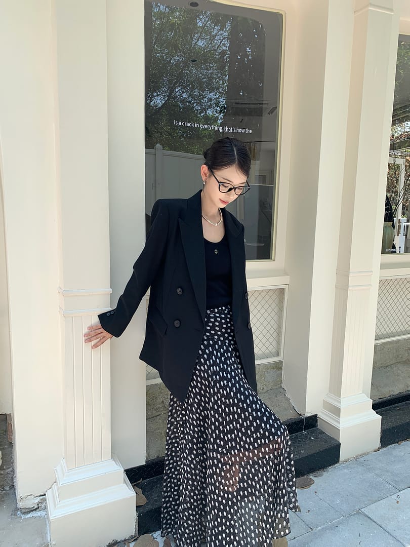 MO&Co. Noir Women's Asymmetric Polka Dot Midi Silk Skirt