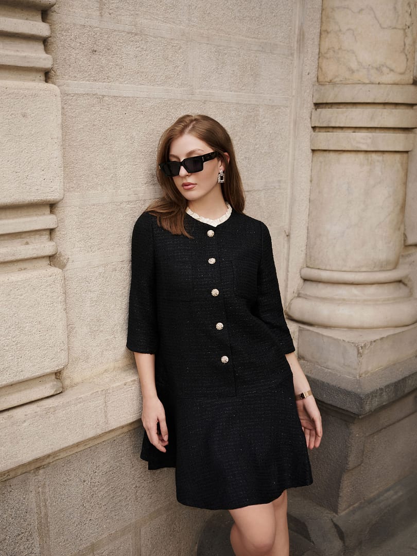 ☆送料・関税込☆VOCAVACA★Tweed A Line Dress★ Tweed A-Line Ruffle Collared Women Midi Dress – GOELIA