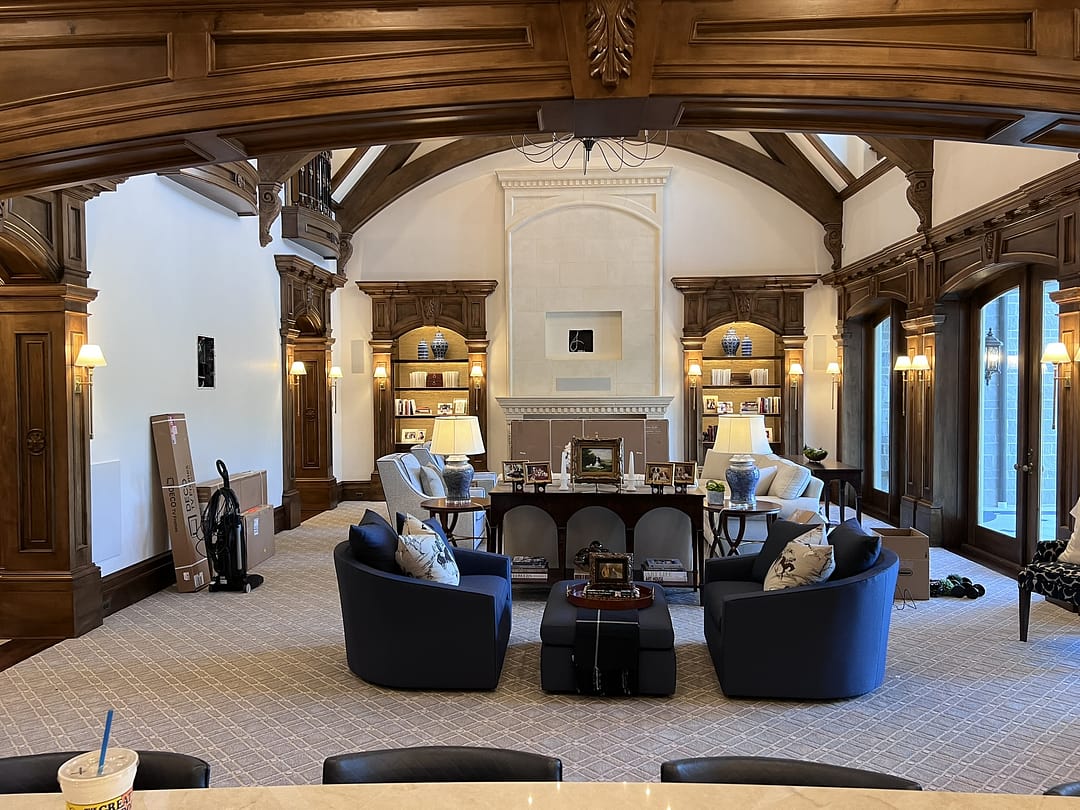 Timber beams and paneled walls during construction