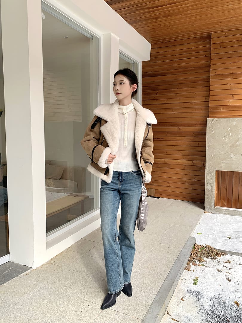 MO&Co. Women's Suede Textured Faux Shearling Fuzzy Biker Jacket