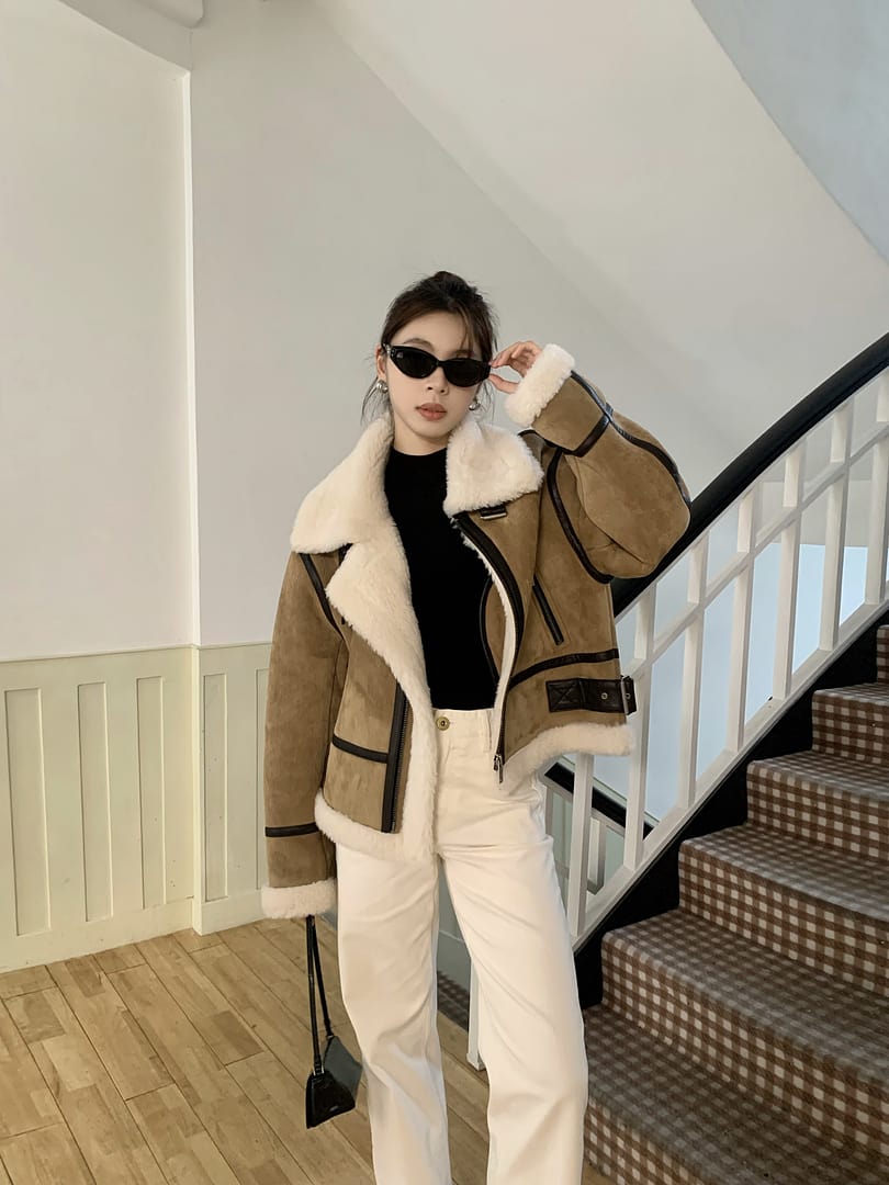 MO&Co. Women's Suede Textured Faux Shearling Fuzzy Biker Jacket