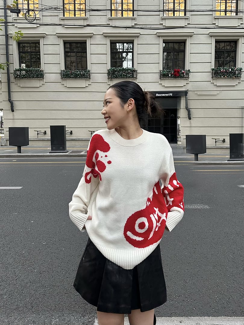 VICTIM&CO. CHECK BIG KNIT Mサイズ モヘヤ混 MO&Co. Women's Fish Pattern Knit Sweater