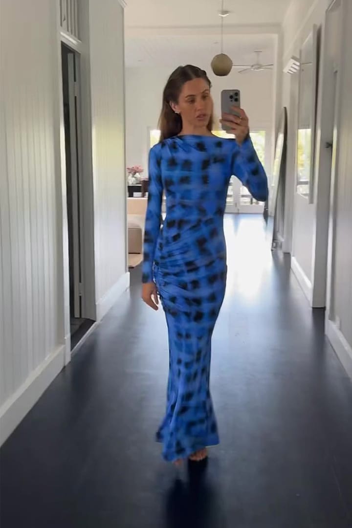 suboo shibori ruched dress Golden hour + Zoe in our Suboo Shibori Long Sleeve Ruched Maxi = perfection  