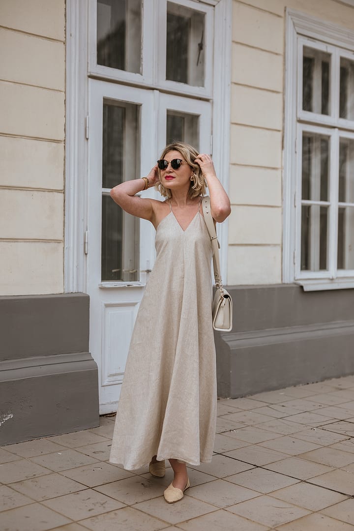 100% Linen Women Backless Strap Maxi Dress  GOELIA
