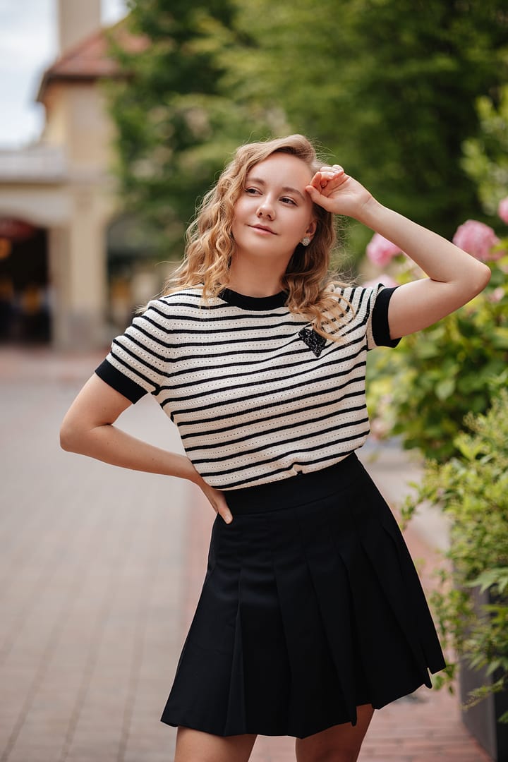 100% Cotton Stripe Women Openwork Knit T-Shirt – GOELIA
