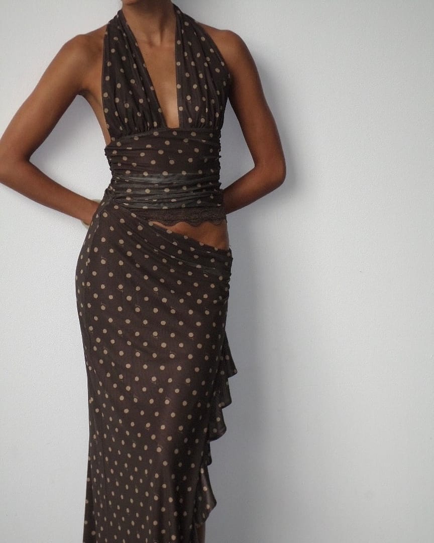benni dress brown Benni- Harlow Dress- Espresso Polka Dot- Size 10 – The Hire Edit