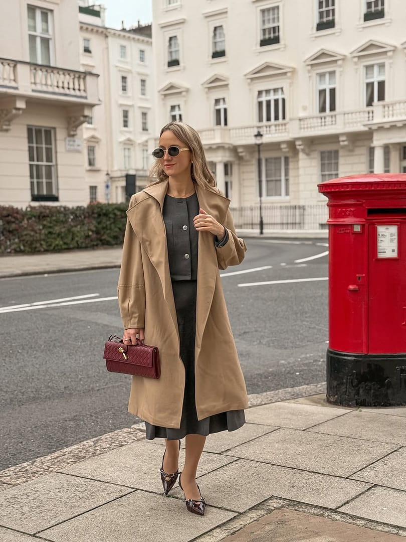 Worsted Wool Lantern Sleeve Women Trench Coat With Leather Belt
