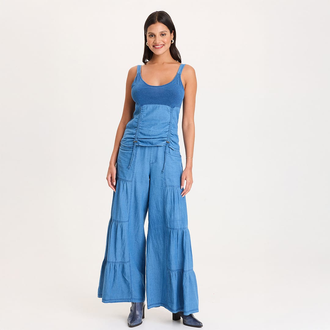 XCVI Mock-Denim Side Tiered Pull-On Waist Wide Leg Dugan Pant