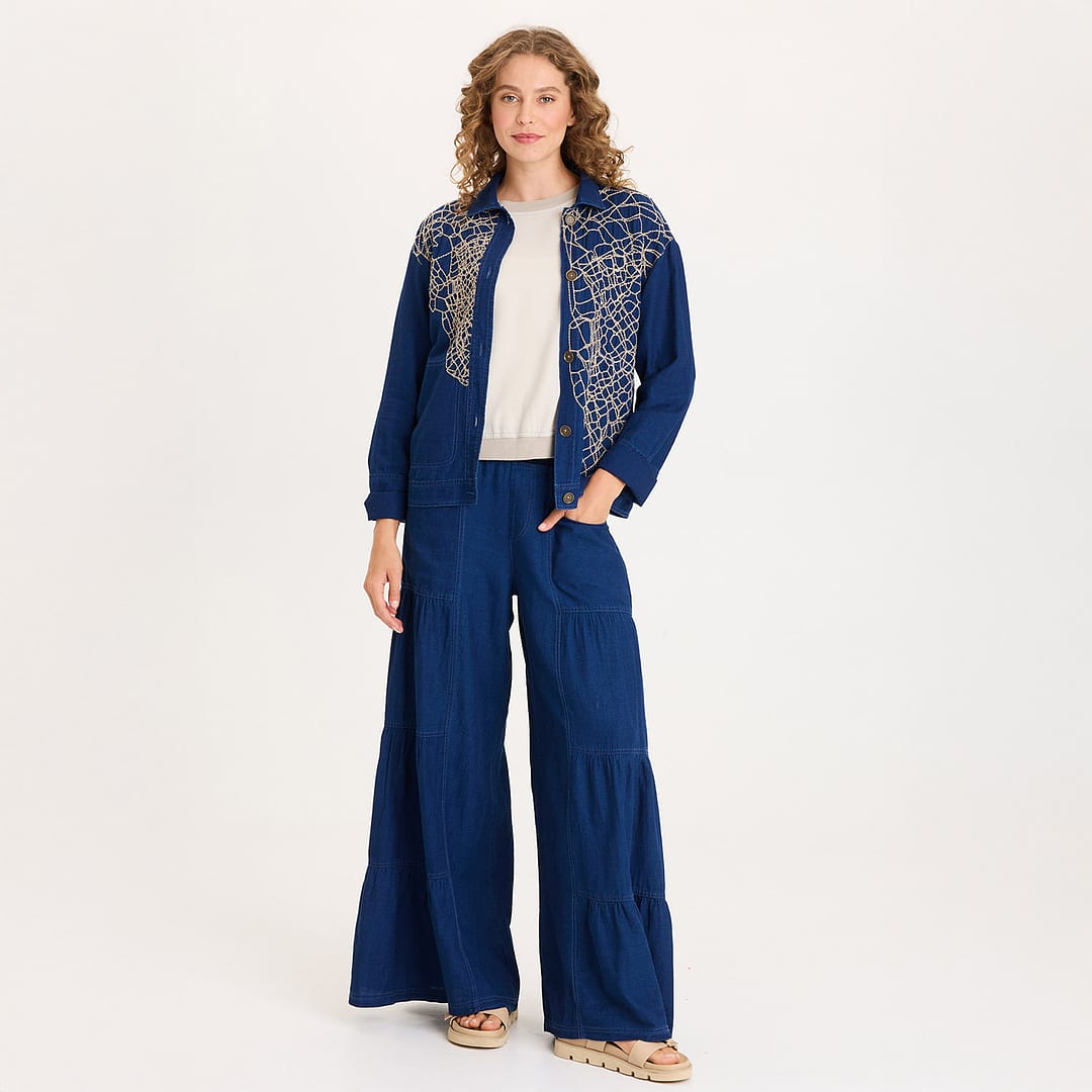 XCVI Mock-Denim Embroidered Button-Front Utility Helm Jacket