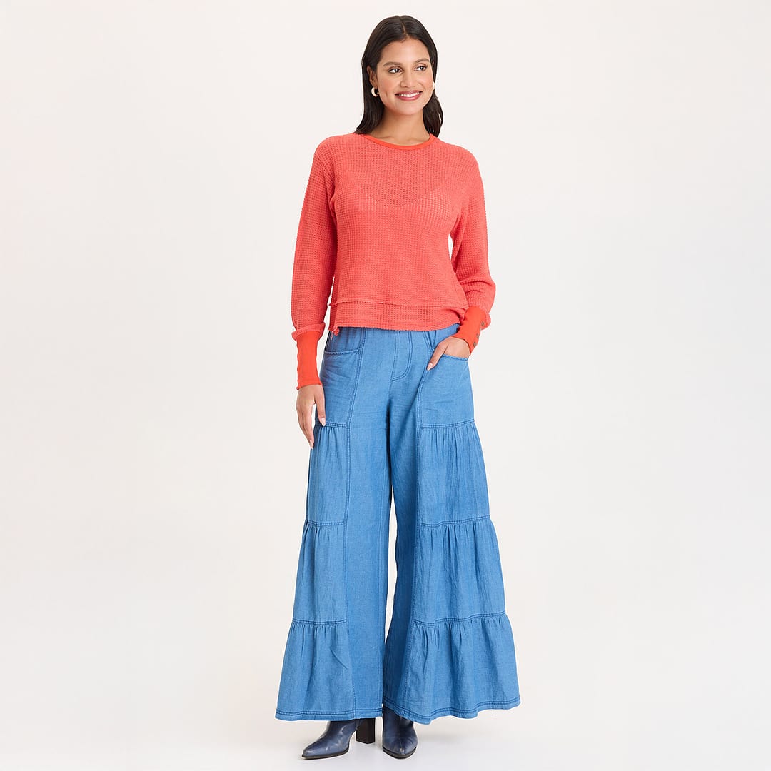 XCVI Mock-Denim Side Tiered Pull-On Waist Wide Leg Dugan Pant