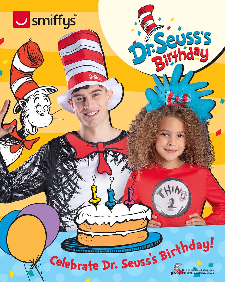 Dr Seuss Cat in the Hat, Thing 1 & 2 Costume Dress with Lenticular Badge &  Headband  Smiffys
