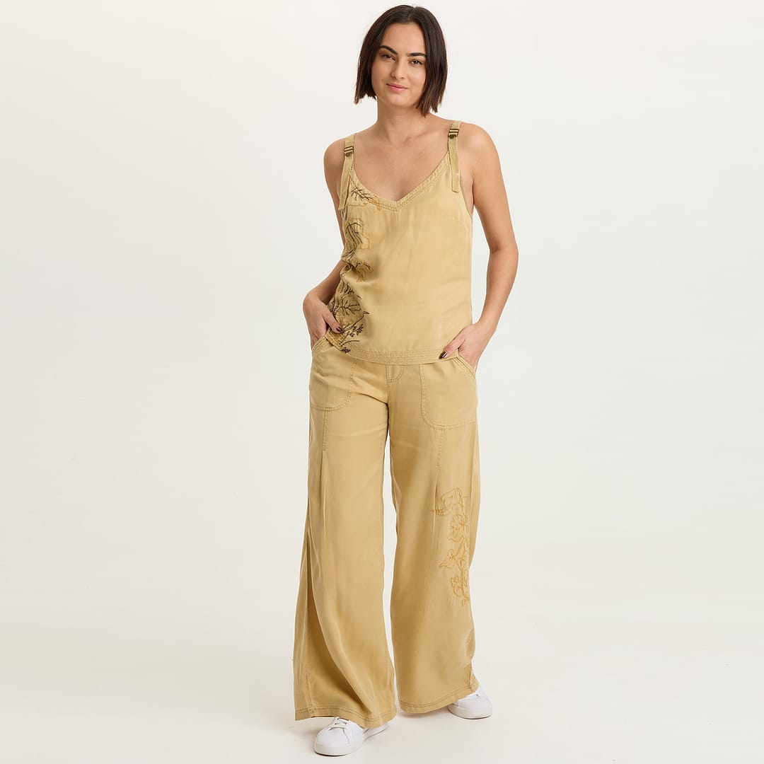 Embroidered Dacia Tencel Twill Pleated Wide Leg Pull-On Waist Pant