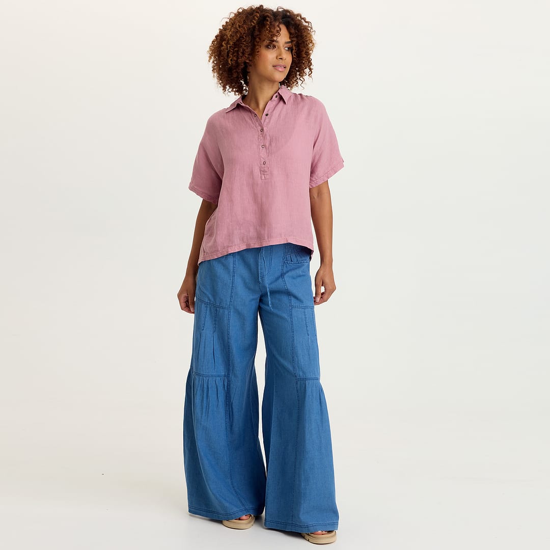 Zain Indigo Twill Tiered Smocked Elastic Waist Wide-Leg Pant