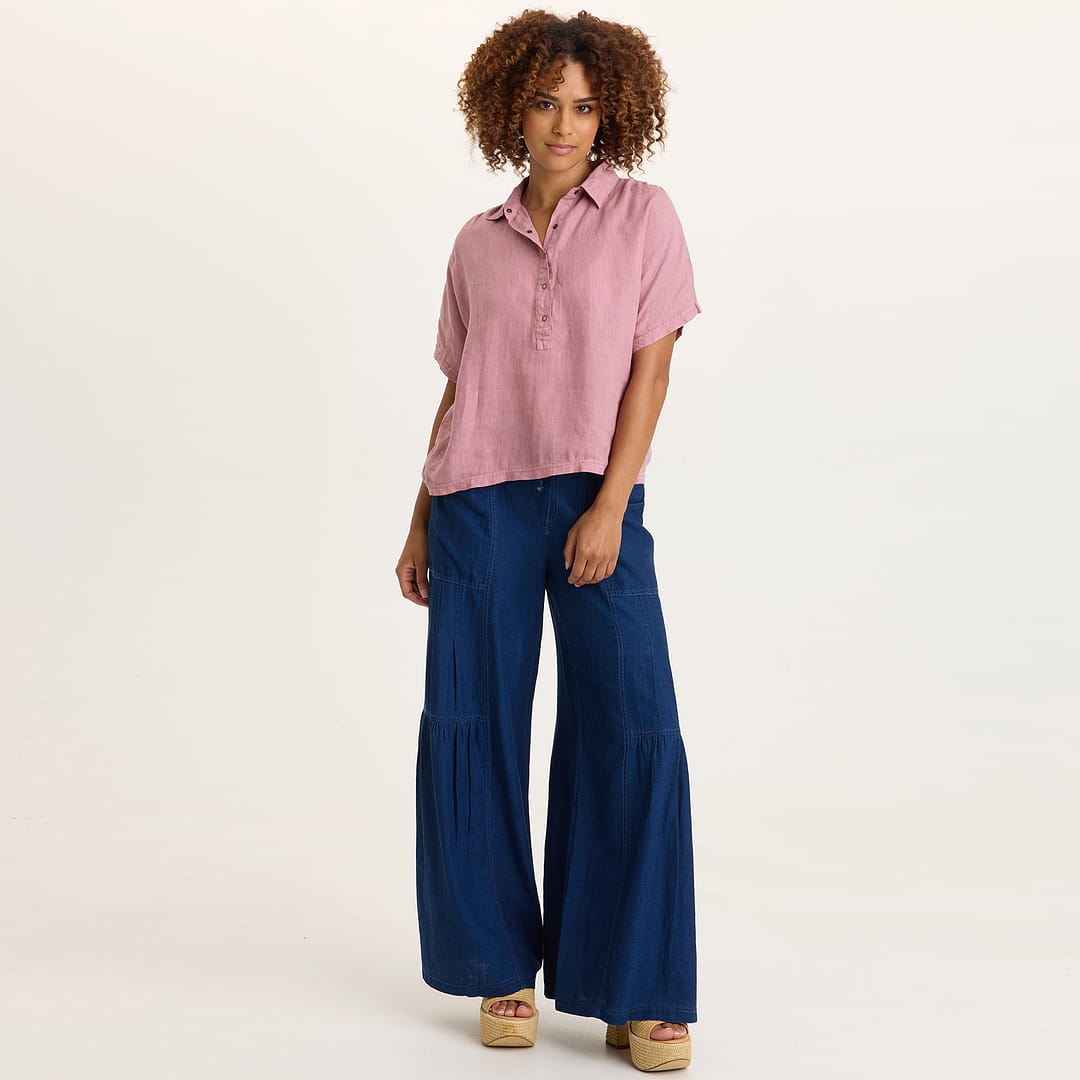 Zain Cotton Linen Indigo Twill Tiered Smocked Elastic Waist Wide