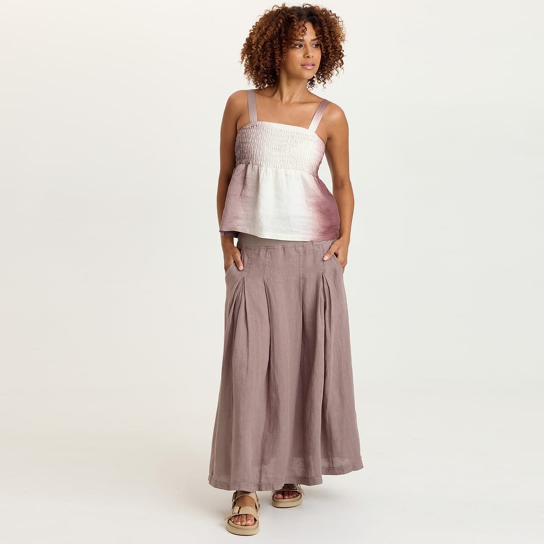 Aderyn 100% Linen Double Pleated Pull-On Waist Long Skirt