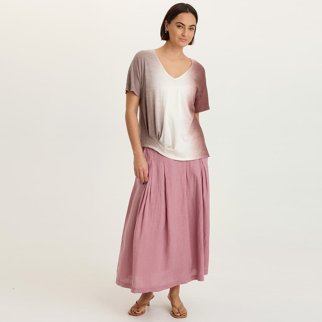 Aderyn 100% Linen Double Pleated Pull-On Waist Long Skirt