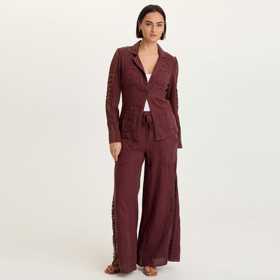 Garcia 100% Linen Smocked Pull-On Waist Crochet Panels Wide-Leg Pant