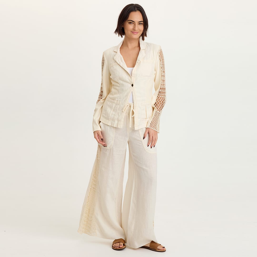 パンツ (Milky) Garcia 100% Linen Smocked Pull-On Waist Crochet Panels Wide-Leg Pant