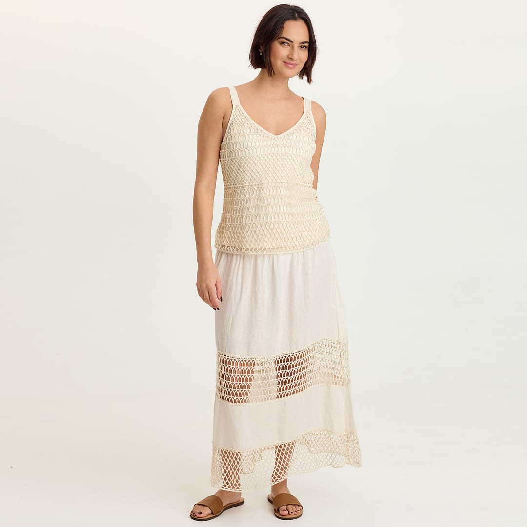 Fola 100% Linen Crochet Tiered Smocked Pull-On Waist Long Skirt