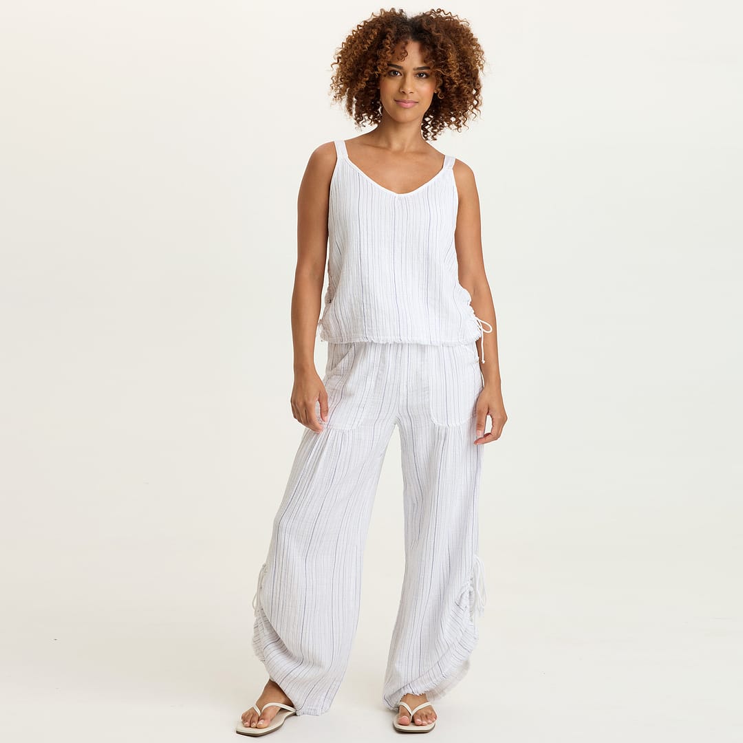 Muriel Indigo Stripe Gauze Cincable Leg Pull-On Waist Wide-Leg Pant
