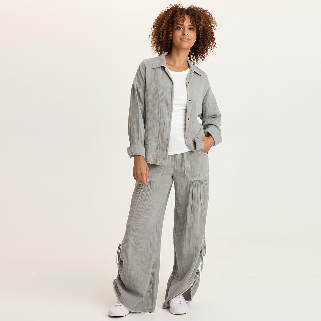 Muriel 100% Cotton Gauze Cincable Leg Pull-On Waist Wide-Leg Pant