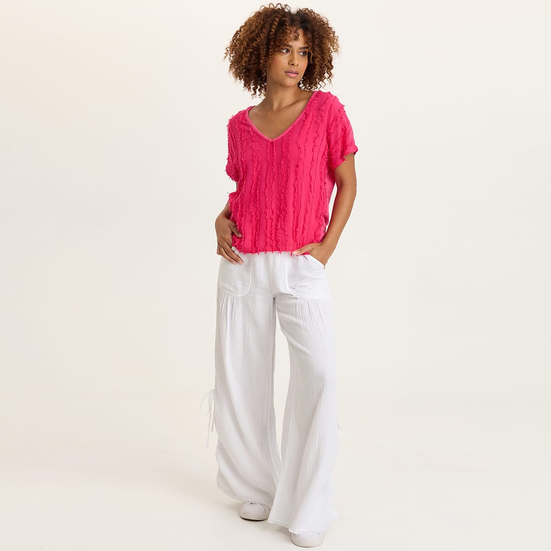 Zeph Stripe Voile Dolman Short Sleeve V-Neck Top