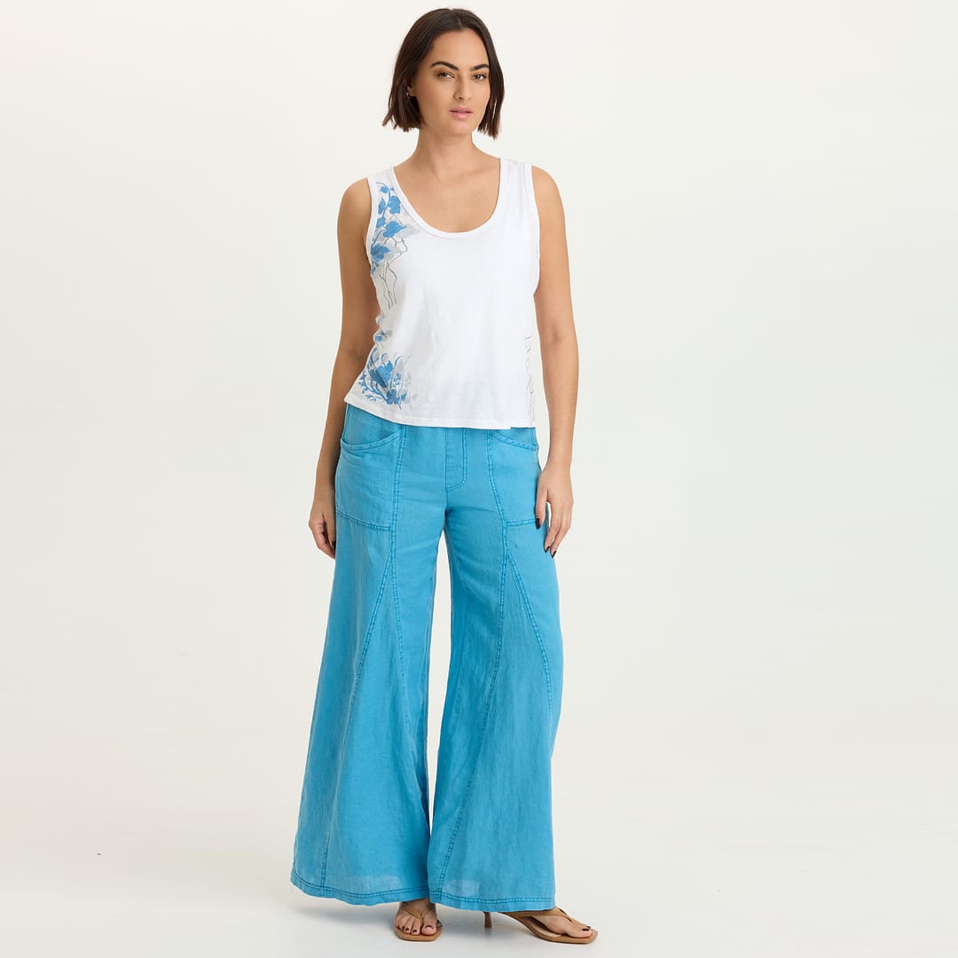 Elaine 100% Linen Godet Seam Pull-On Wide-Leg Pant