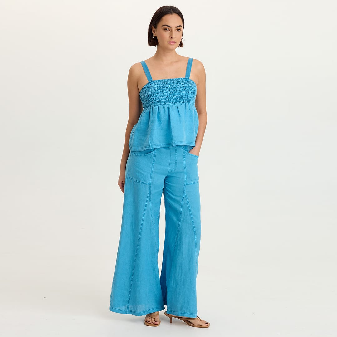 Elaine 100% Linen Godet Seam Pull-On Wide-Leg Pant