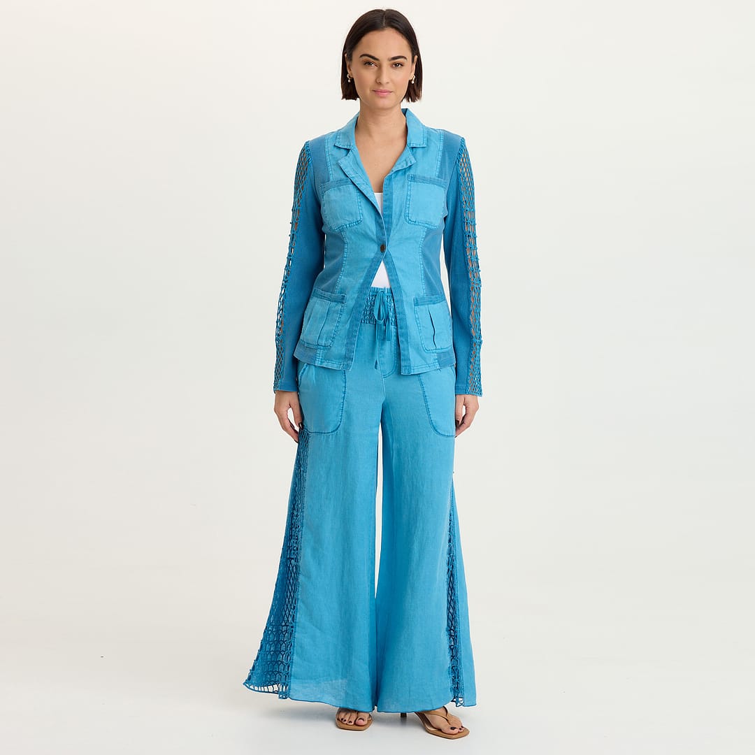 Mackie Linen Crochet Sleeve One-Button Closure Jacket