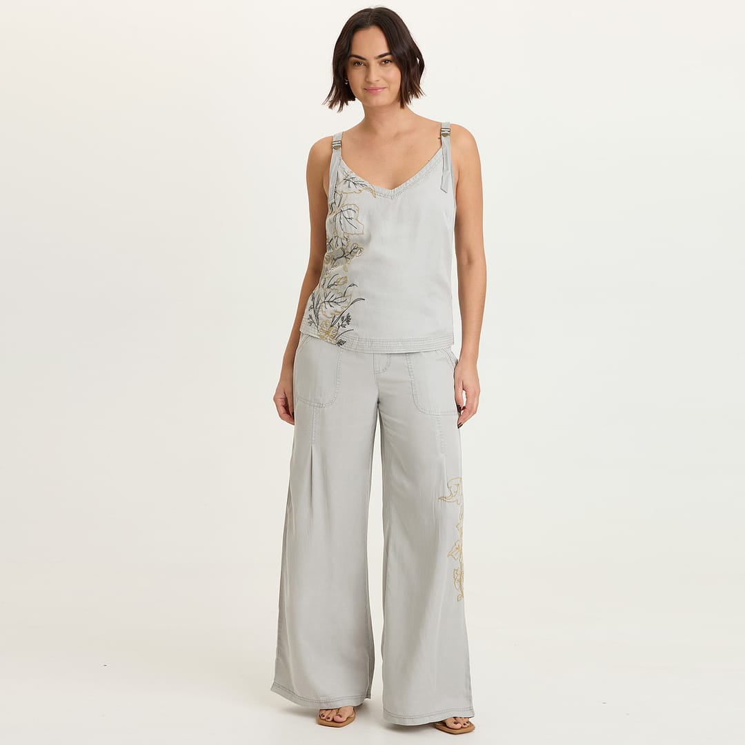 Embroidered Dacia Tencel Twill Pleated Wide Leg Pull-On Waist Pant