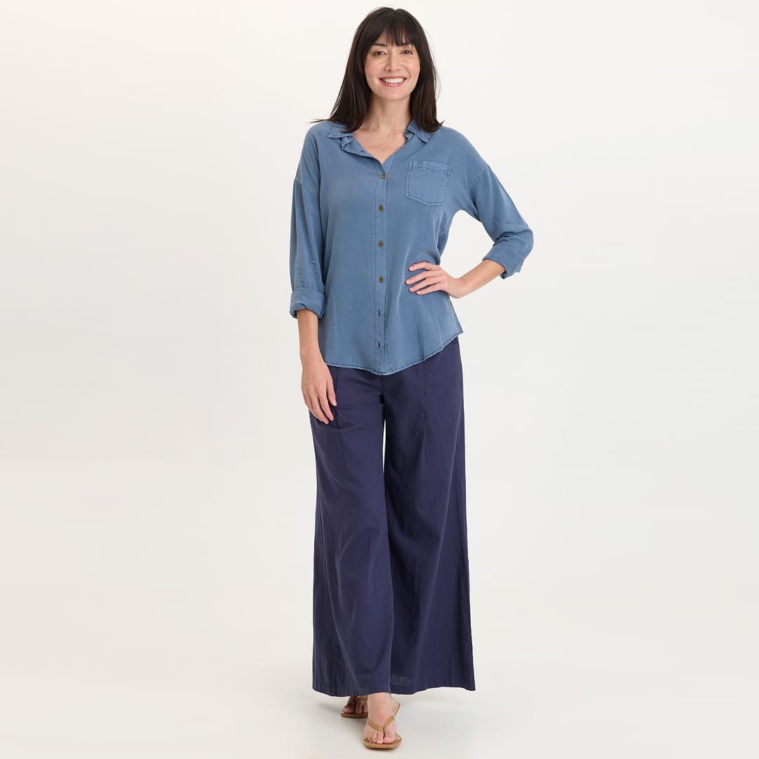 パンツ Atlast&Co. TWOTUCKTROUSERS NAVYSTRIPE 30 Terri Cotton Linen Front Pleat Wide-Leg Pull-On Pant