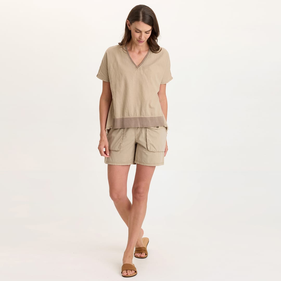 Clara Cotton Linen Rounded Hem with Half Back Placket V-Neck Top