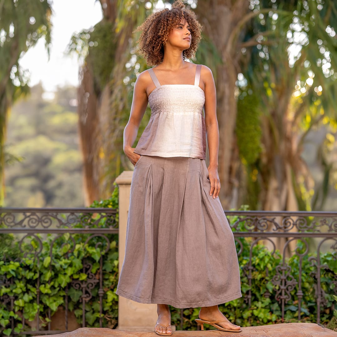 Aderyn 100% Linen Double Pleated Pull-On Waist Long Skirt