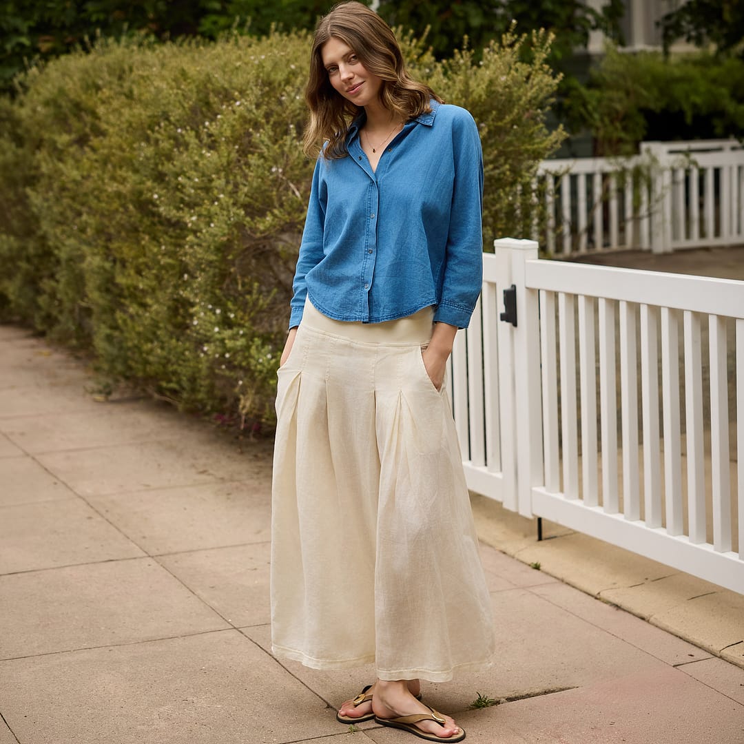 Aderyn 100% Linen Double Pleated Pull-On Waist Long Skirt
