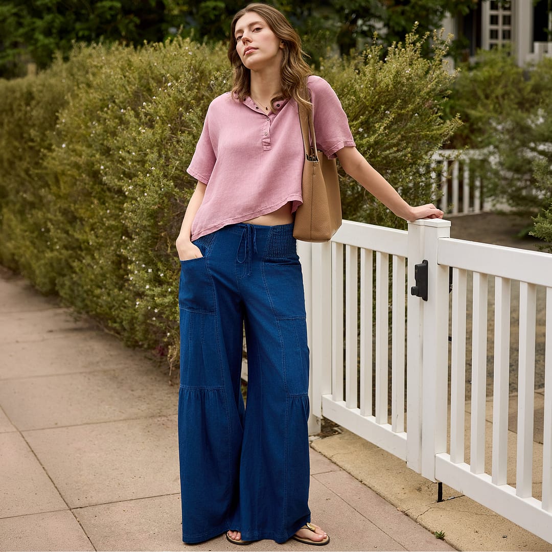 Zain Cotton Linen Indigo Twill Tiered Smocked Elastic Waist Wide