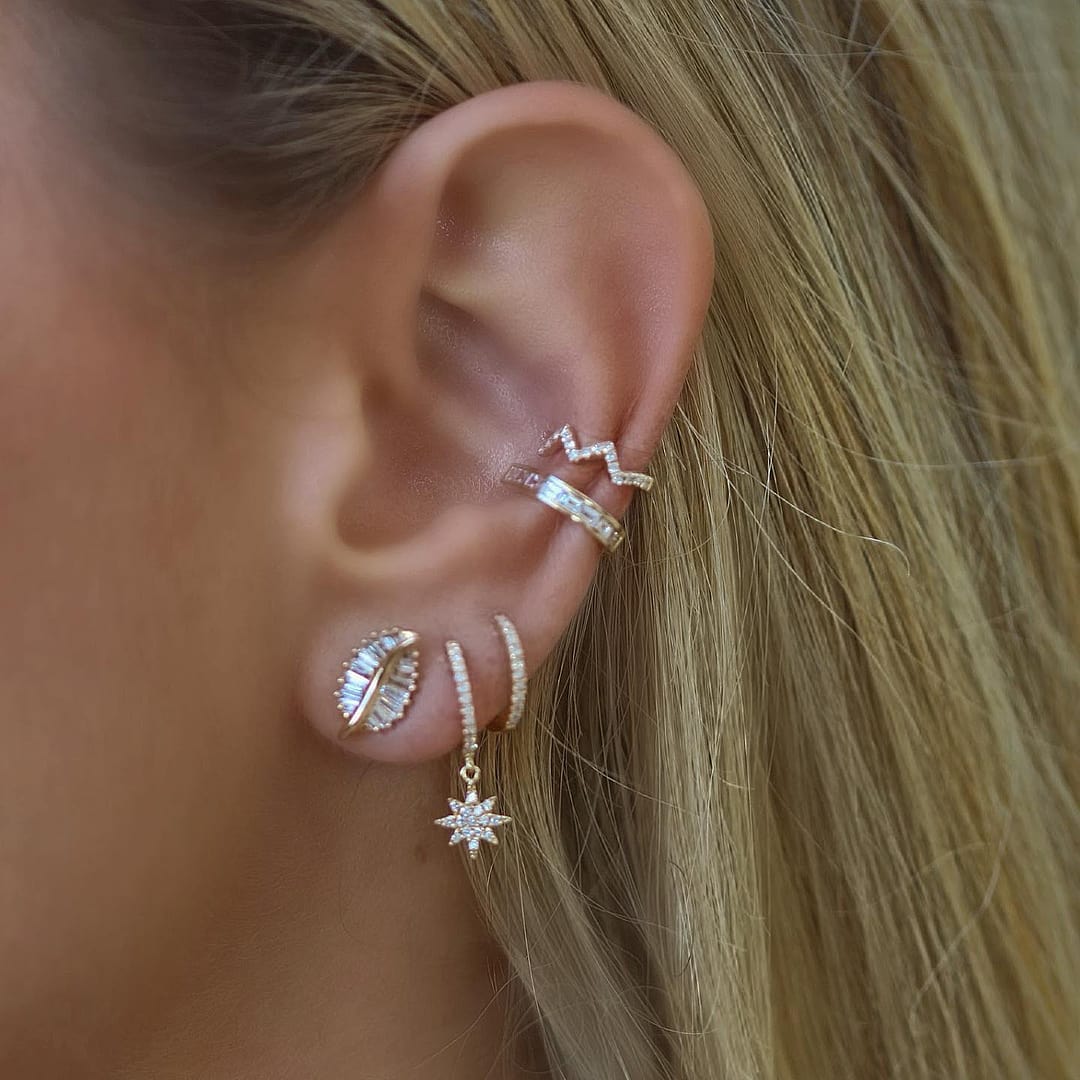 14K Gold Mismatch Sunburst + Moon Drop Pave Diamond Huggies