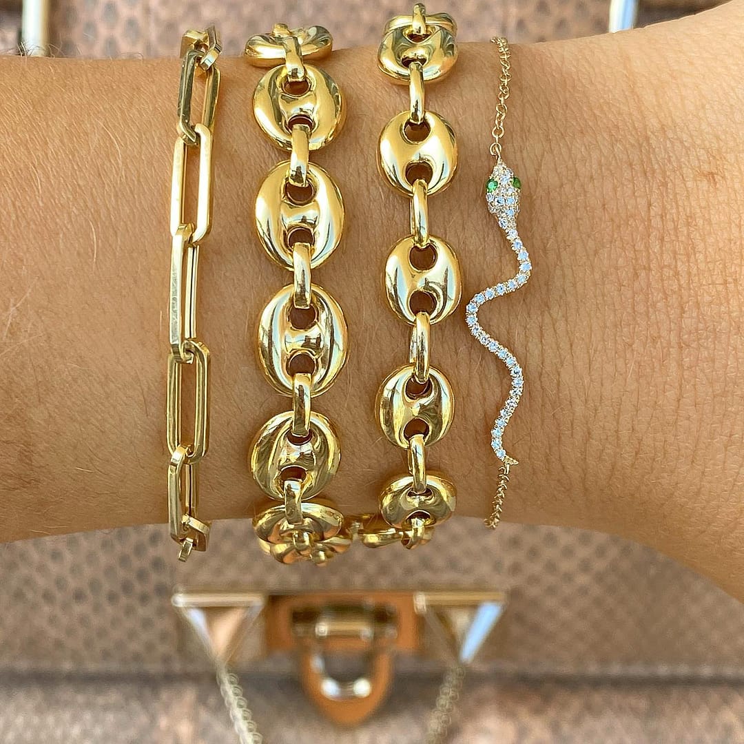 14k Solid Gold, Link Bracelet, String Bracelet, Braided Bracelet, Puff hot Link, Mariner Link, Mariner Jewelry, Anchor, Stacking Bracelet, gift