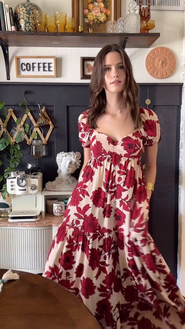 knee length dresses for ladies Elyse Maxi Dress in Beige Floral Small