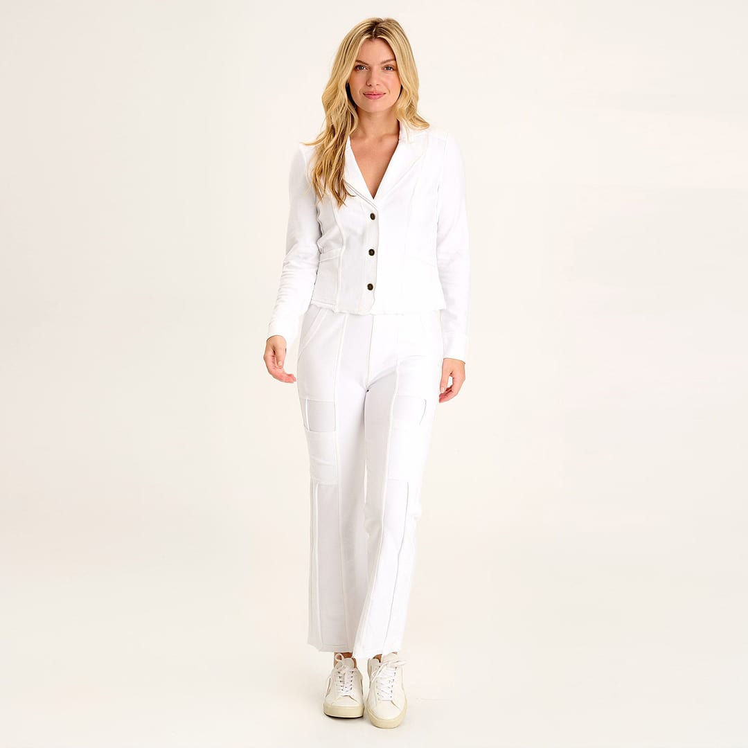 White Blazer for Women 3/4 Ruched Sleeve Open Front Cardigan