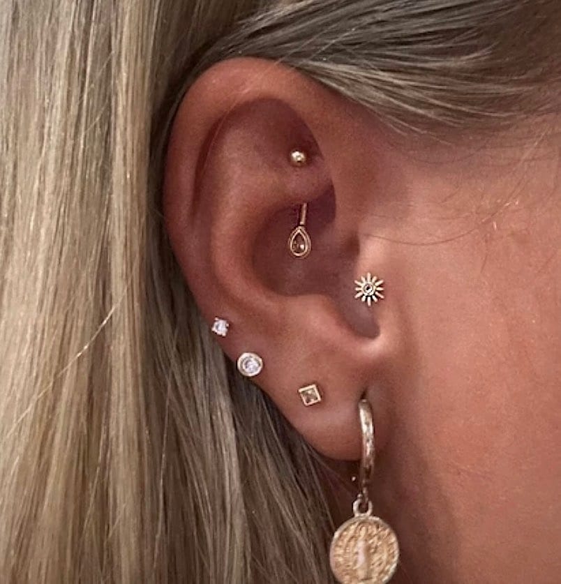 14K Gold Teardrop Cubic Zirconia Curved Barbell Piercing