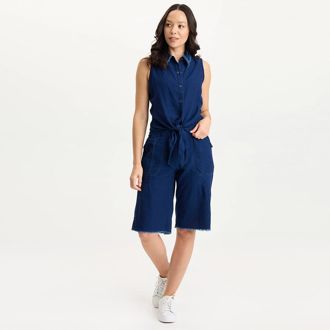 ブランドのギフト XCVI Tague Mock-Denim Tie-Up Flowy Snap Tank トップス