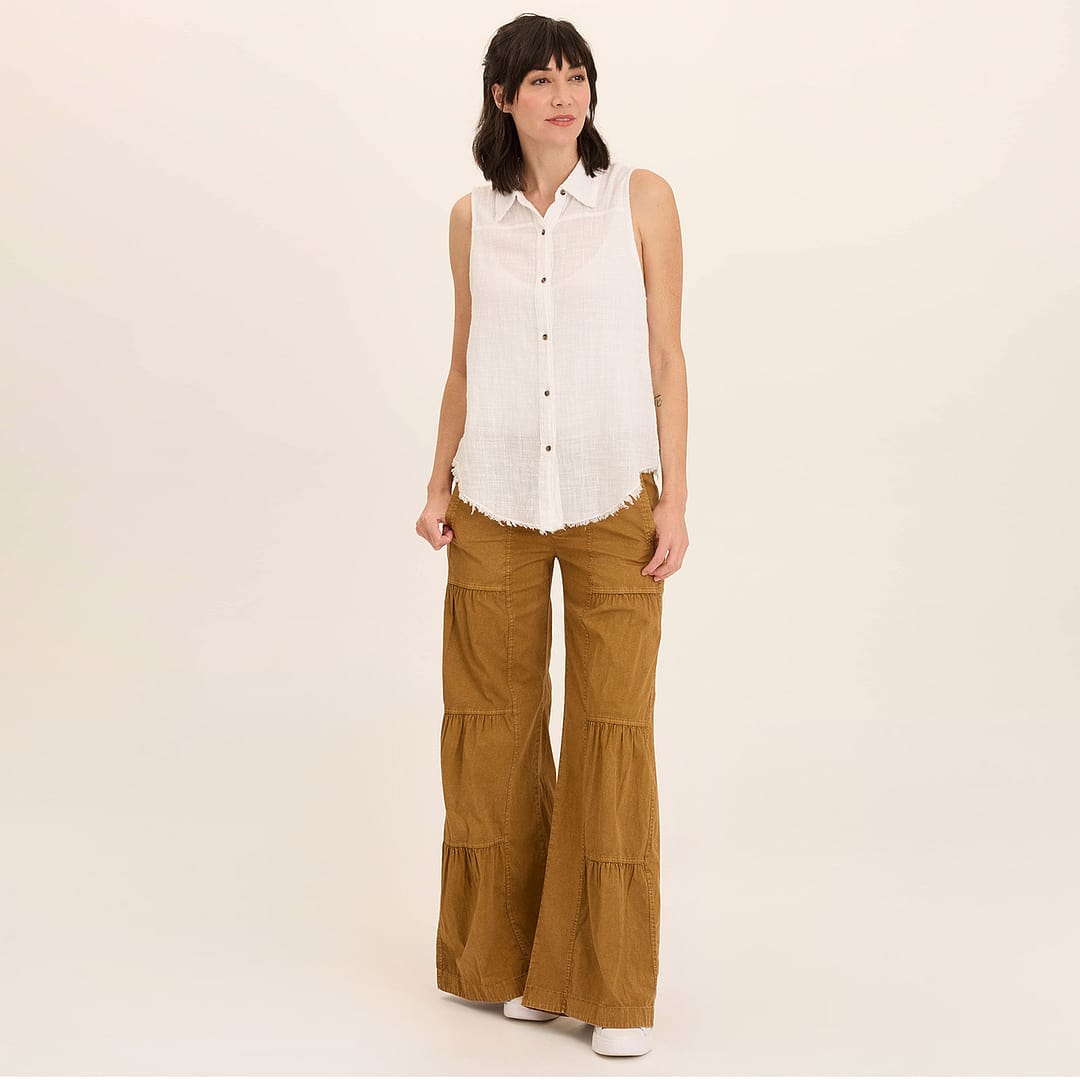 パンツ WYM C/N WASHER CURVED FLARE WIDE CARGO Wearables Tiered Wide Leg Drawstring Flare Ruched Pant