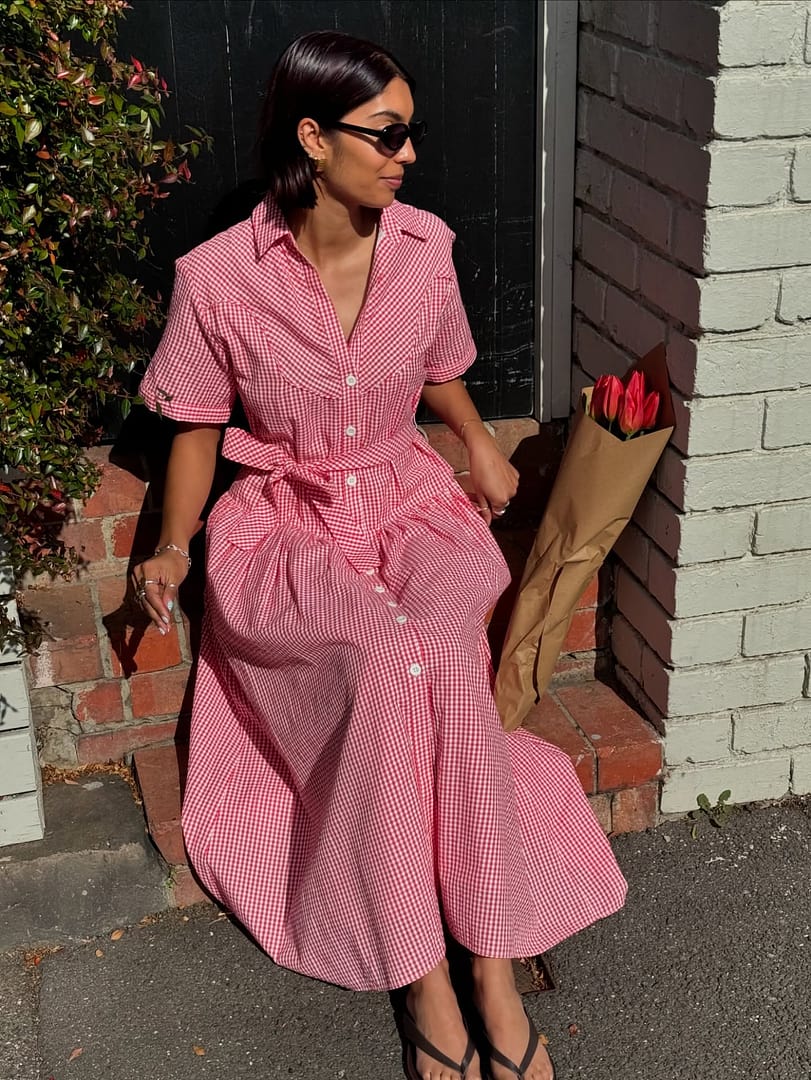 steele pink gingham dress Steele Eadie Dress in Pink Check